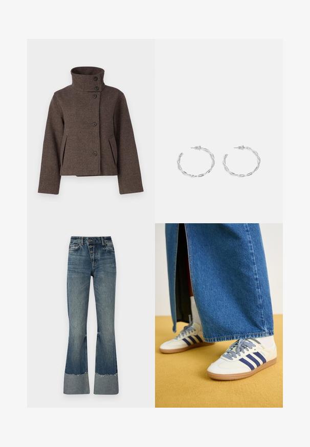 Object OBJRIKI SHORT JACKET - Giacca da mezza stagione - morel; Maglione a collo alto teal con cappuccio regolabile, maniche lunghe e polsini a coste. Realizzato in tessuto morbido con una vestibilità rilassata.; Jeans a zampa d'elefante in denim blu medio con vita alta, cinque bottoni e orlo sfilacciato. Presentano un risvolto più chiaro in fondo e una texture sbiadita.; adidas Originals SAMBA OG - Sneakers basse - off-white/dark blue/clear sky; Orecchini a cerchio in argento con un design torciglionato, caratterizzati da una finitura lucida e chiusura a perno. Misurano circa 3 cm di diametro.