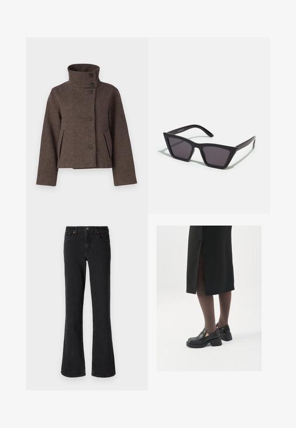 Object OBJRIKI SHORT JACKET - Lagana jakna - morel; Tirkizna dukserica s kapuljačom i vezicom, dugim rukavima i rebrastim manžetama. Izrađena od mekog materijala s opuštenim fitom.; Crne traperice s lepršavim nogavicama s prednjim kopčanjem na gumb, pet džepova i suptilnim detaljima šivanja, izrađene od materijala srednje težine.; Crne kožne cipele s zaobljenim vrhom, debelim blok petama i elastičnim bočnim detaljima, uparene s tamnim čarapama i crnom suknjom s prorezom.; Crne, uglaste sunčane naočale sa sivoj lećama; izrađene od plastike, imaju debele nogice s glatkom površinom i bez vidljivih metalnih dijelova.; Srebrne naušnice s obručima i uvijenim dizajnom, s poliranim završetkom i pričvršćivanjem na stražnjoj strani. Mjere otprilike 3 cm u promjeru.