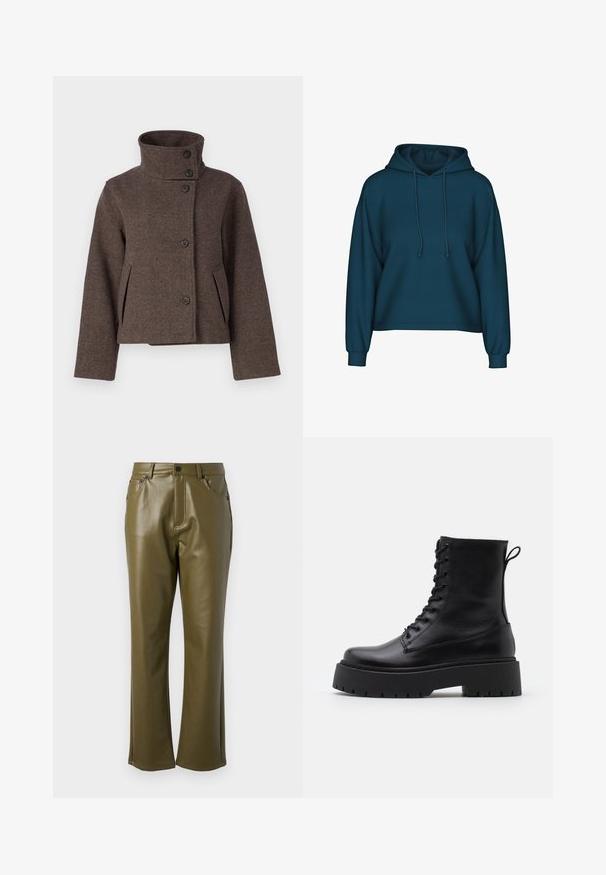 Object OBJRIKI SHORT JACKET - Välikausitakki - morel; Turkoosi huppari, jossa on nyörihuppu, pitkät hihat ja ribbireunat. Valmistettu pehmeästä kankaasta, rento istuvuus.; Vihreät faux-nahkaiset housut suoralla lahkeella. Varustettu etutaskuilla ja vetskarilla, jossa on metallinapit. Silkkinen pinta.; Musta nahkainen nilkkureita, joissa on pyöreä kärki, nauhakiinnitys edessä ja paksu kumipohja, jossa on teksturoitu pinta. Takana vetotappi.