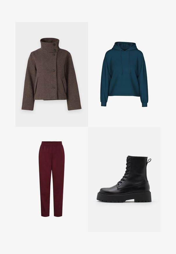 Object OBJRIKI SHORT JACKET - Allvädersjacka - morel; Teal zip hoodie med dragsko i huvan, långa ärmar och ribbade mudd. Gjord av mjukt tyg med en avslappnad passform.; Burgundy sweatpants gjorda av mjukt material, med elastisk midjeband och smala ben. Inga synliga mönster eller detaljer i metall.; Svarta läderankelboots med rund tå, snörning framtill och en tjock gummisula med strukturerat mönster. Dragflik bak.