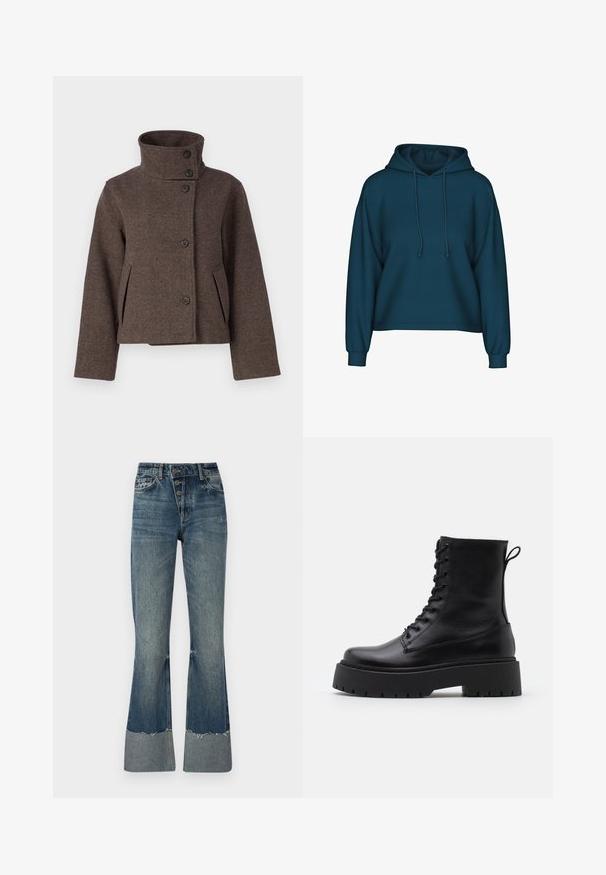 Object OBJRIKI SHORT JACKET - Kerge jope - morel; Türkiis pulloveri kapuutsiga, pika varrukaga ja soonikkoes. Valmistatud pehmest kangast ja laiemast lõikest.; Keskmise sinise värvi teksapüksid, millel on kõrge vöökoht, viis nööpi ja rebenenud alumine äär. Alumine äär on heledam ning kangas on kergelt pleekinud.; Mustad mustad nahast pahkluu saapad ümarate varvastega, nööridega esiosas ja paksu kummist talla ning tekstuuritud mustriga. Tagumine tõmbeaas.