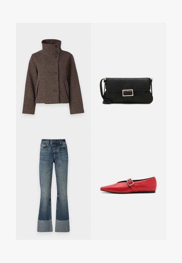 Object OBJRIKI SHORT JACKET - Lahka jakna - morel; Turkizni pulover s kapuco in vrvico, dolgimi rokavi in ribastimi manšetami. Narejen iz mehkega blaga s sproščenim krojem.; Jeans iz denima s širšimi hlačnicami v srednje modri barvi, z visokim pasom, petimi gumbi in strganim robom. Imajo lažji manšeti na dnu in zbledel videz.; Rdeče usnjene balerinke s koničastim nosom, z bočnim trakom z kovinsko sponko in nizko črno peto. Gladka tekstura po celotni površini.; Črna usnjena torbica na preklop z zlato kovinsko zaponko. Vključuje črn trak in eleganten, minimalističen dizajn.; Srebrni uhani v obliki obročka s spiralnim dizajnom, ki imajo sijajno površino in zapiralo na zadnji strani. Mere znašajo približno 3 cm v premeru.