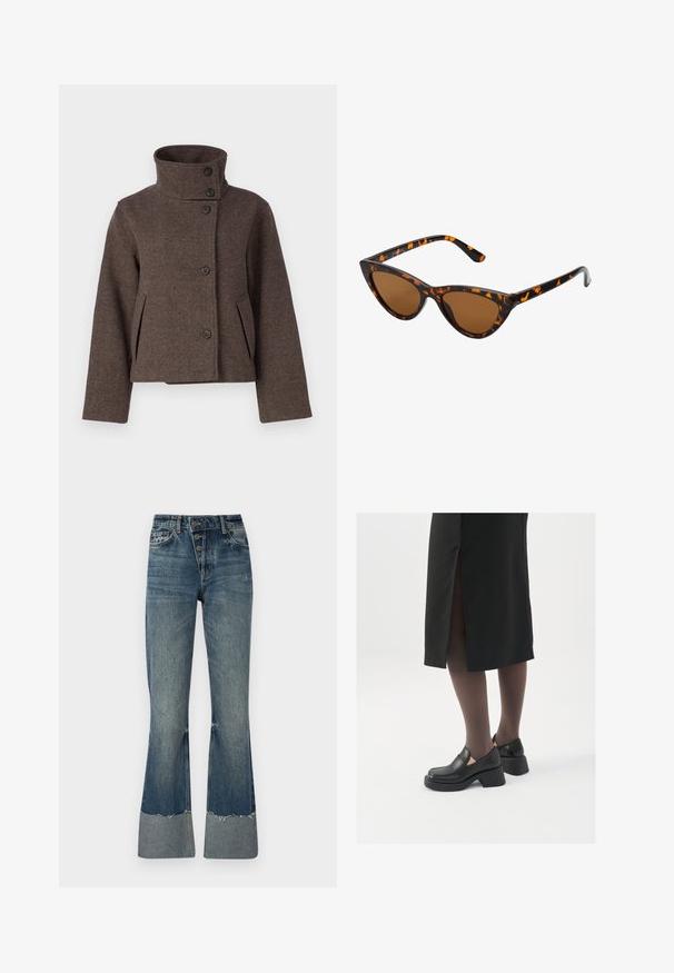 Object OBJRIKI SHORT JACKET - Kerge jope - morel; Türkiis pulloveri kapuutsiga, pika varrukaga ja soonikkoes. Valmistatud pehmest kangast ja laiemast lõikest.; Keskmise sinise värvi teksapüksid, millel on kõrge vöökoht, viis nööpi ja rebenenud alumine äär. Alumine äär on heledam ning kangas on kergelt pleekinud.; Mustad mustad jalatsid ümmarguse varbaga, paksu plokkniidi ja elastsete külgdetailidega, kombineeritud tumedate sukkade ja musta lõhikuga seelikuga.; Kassi vormiga prillid musta ja oranži kilpkonnakujulise raami, pruunide läätsede ja elegantsete teravate otstega. Templi juures on minimaalne logo.