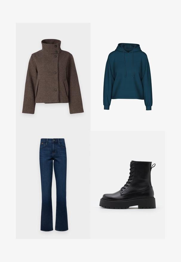 Object OBJRIKI SHORT JACKET - Viegla jaka - morel; Tirkīza krāsas pulovers ar kapuci, garām piedurknēm un ribotām aprocēm. Izgatavots no mīkstas auduma ar brīvu piegriezumu.; Tumši zili džinsu ar flared kājām, klasisku piecu kabatu dizainu, redzamu šuvju un pogu aizdari jostas vietā.; Melni ādas potītēm zābaki ar apļveida purngalu, auklām priekšpusē un biezu gumijas zoli ar teksturētu protektoru. Velkšanas cilpa aizmugurē.