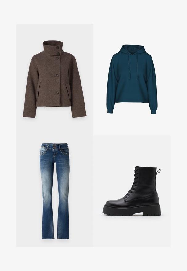 Object OBJRIKI SHORT JACKET - Viegla jaka - morel; Tirkīza krāsas pulovers ar kapuci, garām piedurknēm un ribotām aprocēm. Izgatavots no mīkstas auduma ar brīvu piegriezumu.; Zilā denim flaired džinsos ar nedaudz izbalējušu krāsu, divu pogu aizdari un dekoratīvo dūrienu uz priekšējiem kabatām.; Melni ādas potītēm zābaki ar apļveida purngalu, auklām priekšpusē un biezu gumijas zoli ar teksturētu protektoru. Velkšanas cilpa aizmugurē.