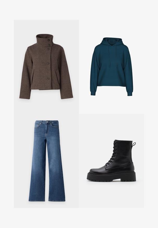 Object OBJRIKI SHORT JACKET - Lahka jakna - morel; Turkizni pulover s kapuco in vrvico, dolgimi rokavi in ribastimi manšetami. Narejen iz mehkega blaga s sproščenim krojem.; Široke modre kavbojke iz denima s standardnim pasom, sprednjimi žepi in gladko teksturo. Brez vidnih vzorcev ali okrasitev.; Črne usnjene gležnjarje z okroglo konico, vezalnim sprednjim delom in debelim gumijastim podplatom z teksturiranim profilom. Zanka na hrbtni strani.