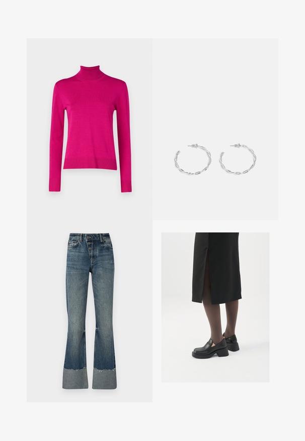 Object OBJRIKI SHORT JACKET - Lahka jakna - morel; Prilegajoča turtleneck pulover v svetlo roza barvi, izdelan iz rebrastega pletenega materiala, z dolgimi rokavi in ravnim robom ter rebrastimi manšetami.; Jeans iz denima s širšimi hlačnicami v srednje modri barvi, z visokim pasom, petimi gumbi in strganim robom. Imajo lažji manšeti na dnu in zbledel videz.; Črne usnjene čevlje s zaobljenim prstom, debelim blokastim petama in elastičnimi stranskimi detajli, v kombinaciji s temno nogavicami in črno krilo z razporkom.; Srebrni uhani v obliki obročka s spiralnim dizajnom, ki imajo sijajno površino in zapiralo na zadnji strani. Mere znašajo približno 3 cm v premeru.