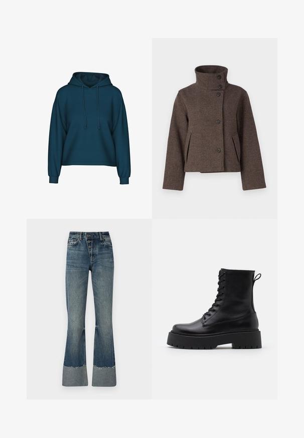 Object OBJRIKI SHORT JACKET - Mezisezónní bunda - morel; Tyrkysová mikina s kapucí a stahovací šňůrkou, dlouhými rukávy a žebrovanými manžetami. Vyrobena z měkké tkaniny s volnějším střihem.; Džínové kalhoty s rozšířenými nohavicemi v středně modré barvě, s vysokým pasem, pěti knoflíky a třepícím se lemem. Na spodní části mají světlejší manžetu a zvadne strukturu.; Černé kožené kotníkové boty s kulatou špičkou, šněrováním na přední straně a silnou gumovou podešví s texturovaným vzorkem. S poutkem vzadu.