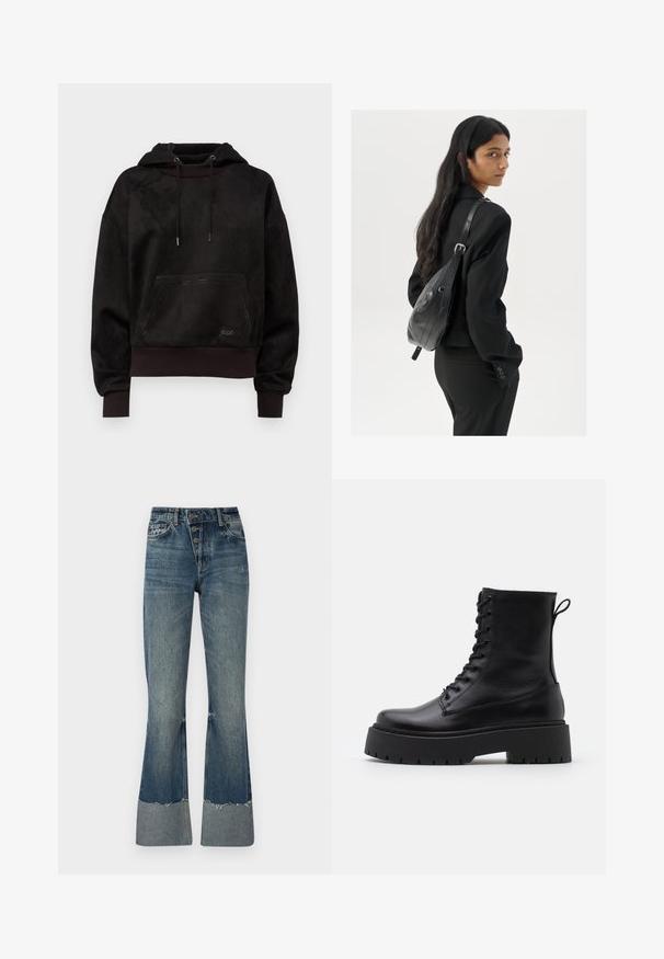 Object OBJRIKI SHORT JACKET - Viegla jaka - morel; Melna kapuce ar mīkstu ādas līdzīgu materiālu, ar priekšējo kabatu, pievilkšanas kapuci un ribotu aproču ar smalkiem šuvuma detalizējumiem.; Denim flared bikses vidējā zilā krāsā ar augstu jostasvietu, piecām pogām un saplīsušu apakšmalu. Rūpīgi veidots, lai apakšā būtu gaišāka aproce un nodiluma faktūra.; Melni ādas potītēm zābaki ar apļveida purngalu, auklām priekšpusē un biezu gumijas zoli ar teksturētu protektoru. Velkšanas cilpa aizmugurē.; Sieviete ar garām tumšām matiem, ģērbusies melnā uzvalkā, nēsā melnu ādas plecu somu un skatās pāri plecam uz balta fona.