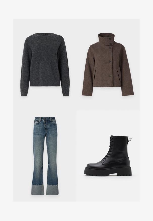 Object OBJRIKI SHORT JACKET - Allvädersjacka - morel; ONLY ONLROME LIFE O NECK - Stickad tröja - dark grey melange; Denim flarejeans i medelblått med hög midja, fem knappar och fransad fåll. Har en ljusare manschett längst ner och en urtvättad struktur.; Svarta läderankelboots med rund tå, snörning framtill och en tjock gummisula med strukturerat mönster. Dragflik bak.