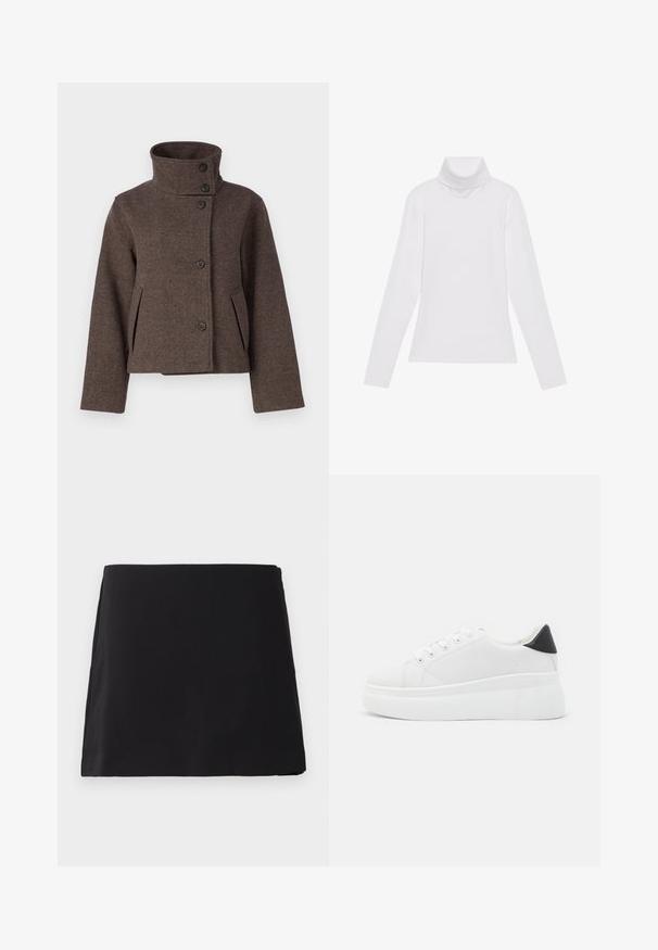 Object OBJRIKI SHORT JACKET - Jas - morel; Witte lange mouw turtleneck top gemaakt van glad, elastisch materiaal. Voorzien van een hoge kraag en een getailleerd ontwerp, zonder zichtbare patronen of versieringen.; Zwarte, recht gesneden mini rok met een gladde textuur, plat weergegeven tegen een witte achtergrond.; Witte platform sneakers van glad synthetisch materiaal, met een afgeronde neus, vetersluiting en een gestructureerde rubberen zool. Zwarte hielaccent.