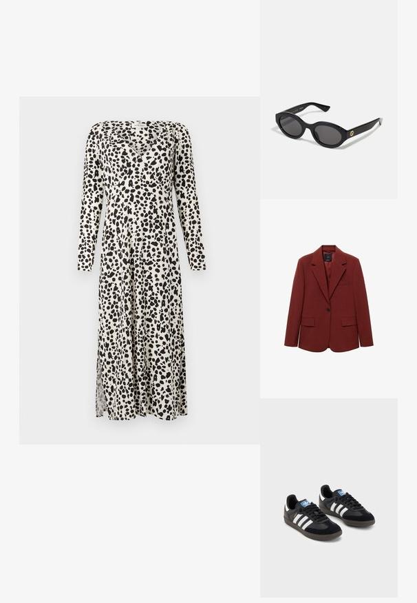 Červený štruktúrovaný sako, jednopremiérové zapínanie, klopové golier, dve predné vrecká, textúrovaná tkanina a detail vrecka na hrudi.; Dlhé, krémové šaty s čiernym bodkovaným vzorom, majúce dlhé rukávy, výstrih do V a bočný rozparok pre pohodlný pohyb.; Čierne tenisky so zvrškom z semišu a syntetického materiálu, s tromi bielymi pruhmi, štruktúrovanou gumovou podrážkou a modrou logovou etiketou na jazyku.; Čierne oválne slnečné okuliare s tmavými sklami a lesklým plastovým rámom. Obsahujú zlaté logo na stráne, čo im dáva elegantný a moderný dizajn.