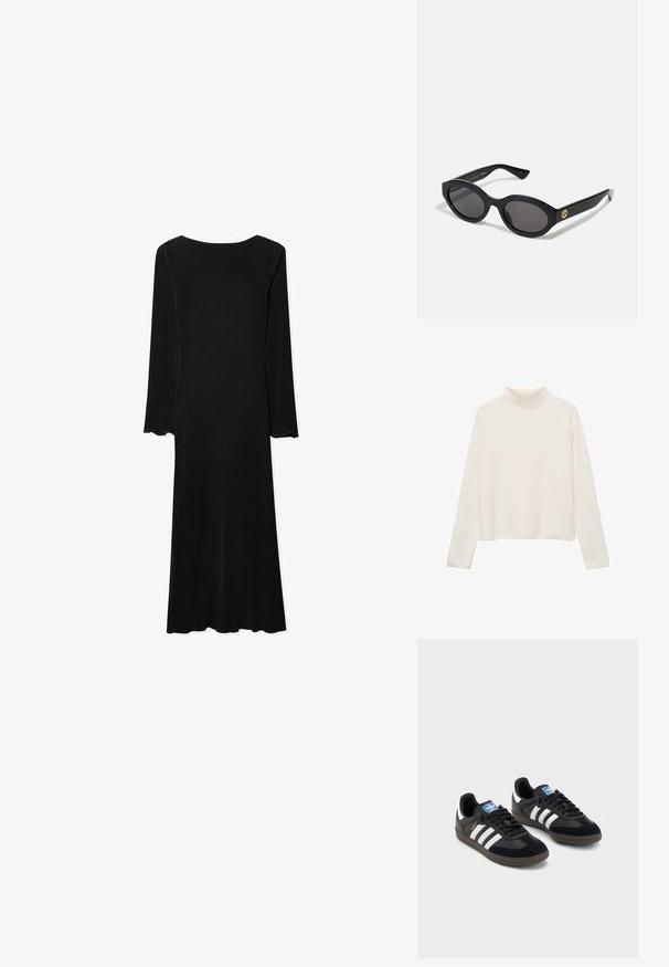 Rode gestructureerde blazer, met een enkel knoopsluiting, gemarkeerde revers, twee voorzakken, textuur geweven stof en een borstzakdetail.; Crème turtleneck trui, lange mouwen, zachte stof, relaxte pasvorm, minimalistisch ontwerp, geen zichtbare patronen of accenten.; Zwarte geribbelde jurk met lange mouwen, een nauwsluitende bovenkant, een uitlopende zoom en geschulpte mouwranden. Voorzien van een ronde halslijn en een soepele textuur.; Zwarte sneakers met een bovenwerk van suède en synthetisch materiaal, voorzien van drie witte strepen, een gestructureerde rubberen zool en een blauw logo-label op de tong.; Zwarte ovale zonnebril met donkere glazen en een glanzend kunststof frame. Heeft een gouden logo op de poot, dat een strakke en moderne uitstraling biedt.