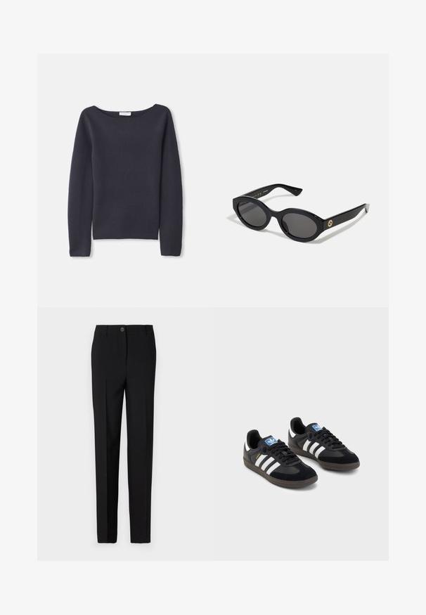 Röd strukturerad blazer, enknapps stängning, notched laplar, två framfickor, texturerad vävd tyg och en bröstfickas detalj.; Marinblå långärmad tröja med en vid halsringning, mjuk textur och avslappnad passform. Har minimal sömnad och inga synliga knäppningar.; Svart skräddarsydda byxor med rak passform, utrustade med knappstängning och bälteshällor, tillverkade av ett slätt tyg.; Svarta sneakers med övre del av mocka och syntetmaterial, med tre vita ränder, texturerad gummisula och blå logotags på tungan.; Svarta ovala solglasögon med mörka linser och blank plastbåge. Utrustade med en gyllene logotyp på bågen, vilket ger en snygg och modern design.