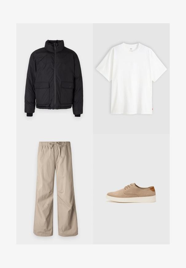 Musta toppatakki, jossa on pystykaulus, edessä vetoketju ja kaksi etutaskua läpällä. Kankaassa on teksturoitu pinnan rakenne ja hihansuissa joustava juuri.; Valkoinen lyhythihainen t-paita, joka on valmistettu puuvillasta ja jossa on pyöreä pääntie. Etupuolella on hienovarainen kohokuvioitu logo ja helmassa punainen etiketti.; Kermanväriset leveät housut, joissa on joustava vyötärö ja naru. Sujuva tekstuuri, kaksi sivutaskua ja minimaalinen sauma rentoa istuvuutta varten.; Beige nubuck-lenkkarit, joissa on pyöreä kärki, nauhakiinnitys ja teksturoitu takaosa. Valkoinen kumipohja tuo kontrastia. Yksinkertainen ja moderni muotoilu.