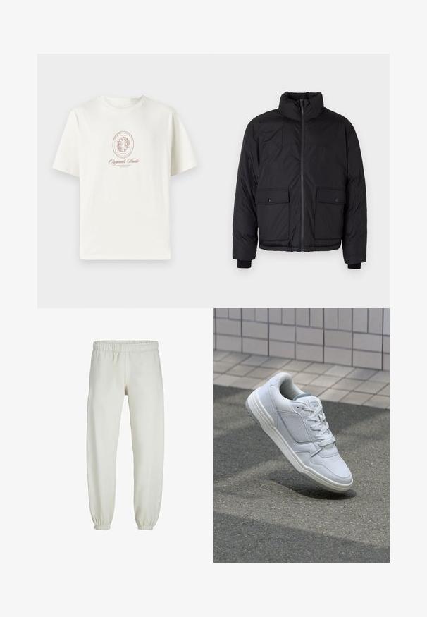 Černá péřová bunda s stojáčkem, předním zipovým zapínáním a dvěma předními kapsami na klopu. Vyznačuje se texturovanou tkaninou a elastickými manžetami.; Krémový bavlněný tričko s kulatým výstřihem, krátkými rukávy a centrálním potiskem s oválným tvarem a textem v hnědé barvě.; Bílé tepláky vyrobené z měkkého materiálu, s elastickým pasem a manžetami, s hladkou texturou a volným střihem.; Bílé kožené tenisky s perforovanými stranami, texturovanými detaily, plochými tkaničkami a kontrastní šedou patou. Mají mírně zvýšenou podrážku.
