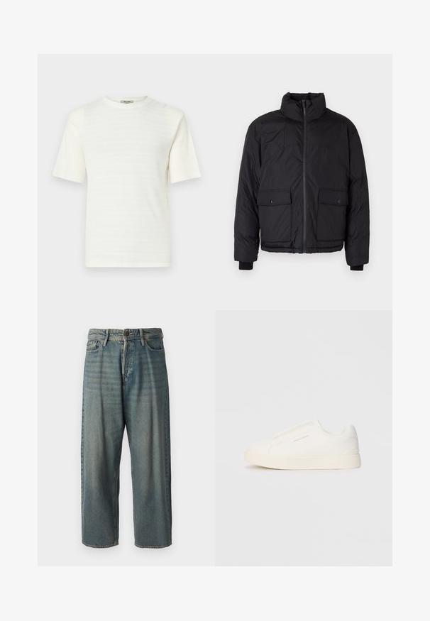 Juodas pūkinis švarkas su aukštu apykakle, priekyje užtrauktuku ir dviem priekinių flapo kišenėmis. Savitos tekstūros medžiaga, elastinės rankogaliai.; Balta trumpomis rankovėmis marškinėliai iš tekstūruotos medžiagos su subtiliu horizontaliniu raštu. Apvalus kaklas, laisva silueto forma.; Šviesiai mėlyni džinsai su laisvu siluetu, vidutinio aukščio juosmeniu ir tiesiomis kojomis. Su penkiais kišenėmis, diržo kilpo ir mygtukų uždarymu.; Baltos slip-on sportbačiai su tekstūruota paviršiumi, storesniu padu ir minimalistišku dizainu. Šone matosi prekės ženklo logotipas.