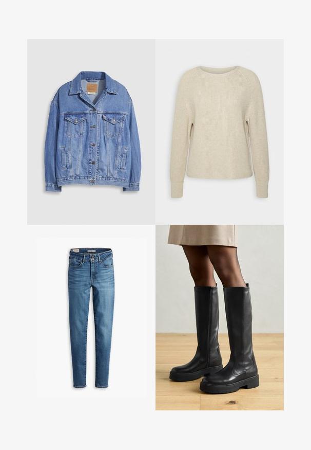 Vaaleansininen farkkutakki, jossa paitakaulus, napillinen suljenta, kaksi rintataskua ja sivutaskut. Kulutuspintainen materiaali ja näkyvissä oleva merkkilappu.; Vaaleanpunainen neulepaita, jossa on pyöreä pääntie, raglan-hihat ja ribbikuvioidut hihat. Tekstuuri on pehmeä, rento istuvuus ja vähäiset yksityiskohdat.; Korkeavyötäröiset skinny-farkut vaaleansinisessä denimissä. Ominaisuuksiin kuuluu viisi taskua, etupainon sulkija ja klassinen ompeluyksityiskohta ympäriinsä.; Mustat polvipituiset saappaat, jotka on valmistettu sileästä nahasta, ja joissa on paksu kumipohja sekä sivuvetoketju helppoa pukemista varten.