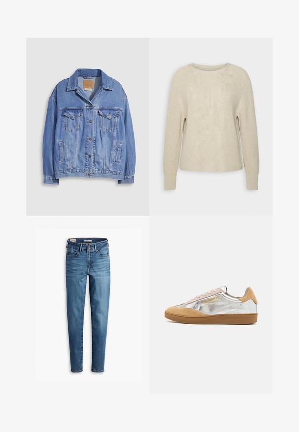 Vaaleansininen farkkutakki, jossa paitakaulus, napillinen suljenta, kaksi rintataskua ja sivutaskut. Kulutuspintainen materiaali ja näkyvissä oleva merkkilappu.; Vaaleanpunainen neulepaita, jossa on pyöreä pääntie, raglan-hihat ja ribbikuvioidut hihat. Tekstuuri on pehmeä, rento istuvuus ja vähäiset yksityiskohdat.; Korkeavyötäröiset skinny-farkut vaaleansinisessä denimissä. Ominaisuuksiin kuuluu viisi taskua, etupainon sulkija ja klassinen ompeluyksityiskohta ympäriinsä.; Hopeiset ja vaaleanruskeat mokkakengät, joissa on teksturoitu kumipohja, beige nauhat sekä keltainen logo painettuna sivulle.