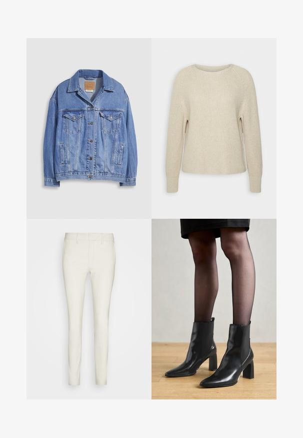 Vaaleansininen farkkutakki, jossa paitakaulus, napillinen suljenta, kaksi rintataskua ja sivutaskut. Kulutuspintainen materiaali ja näkyvissä oleva merkkilappu.; Vaaleanpunainen neulepaita, jossa on pyöreä pääntie, raglan-hihat ja ribbikuvioidut hihat. Tekstuuri on pehmeä, rento istuvuus ja vähäiset yksityiskohdat.; Vaaleat, slim-fit-housut sileästä kankaasta, jossa on tasainen etuosa, tavalliset taskut ja vyölenkit. Yhteenvetona tyylikäs ja virtaviivainen muotoilu.; Mustat nahkasaappaat nilkkamittaisella varrella, terävässä kärjessä, paksussa neliömassassa ja tyylikkäässä muotoilussa. Varustettu joustavilla sivupaneeleilla, jotka helpottavat pukemista.