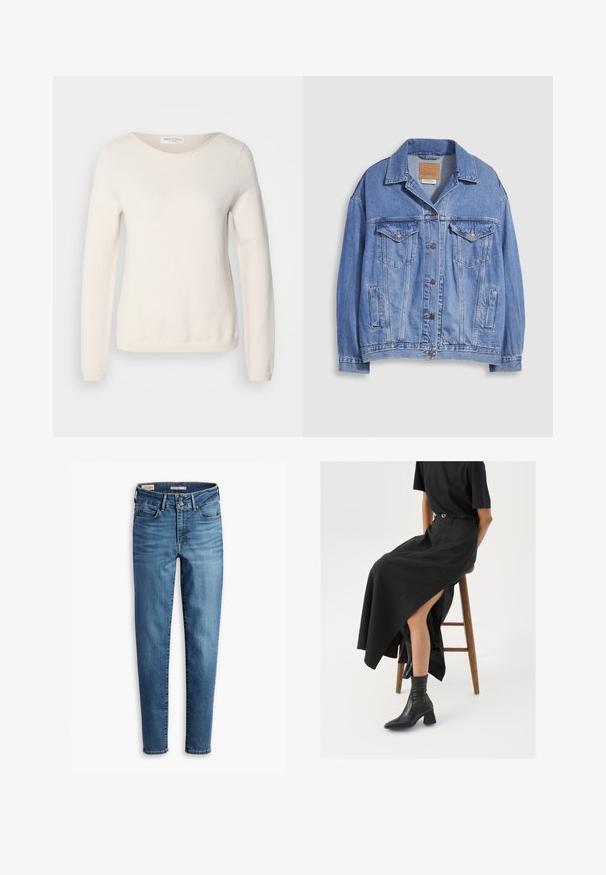 Ljusblå jeansjacka med skjortkrage, knappstängning, två bröstfickor och sidofickor. Sliten textur och synlig märkesetikett.; Ljusbeige tröja i mjukt, strukturerat tyg. Har en rundad halsringning och långa ärmar med åtsittande manschetter. Enkelt, rent design.; Högmidjade, slim jeans i ljusblå denim. Innehåller fem fickor, knappstängning fram och klassiska sömnadsdetaljer hela vägen.; Svart lin maxi kjol med hög slits, bärs med en svart t-shirt och svarta ankelstövlar. Minimalistisk design med en lös passform.