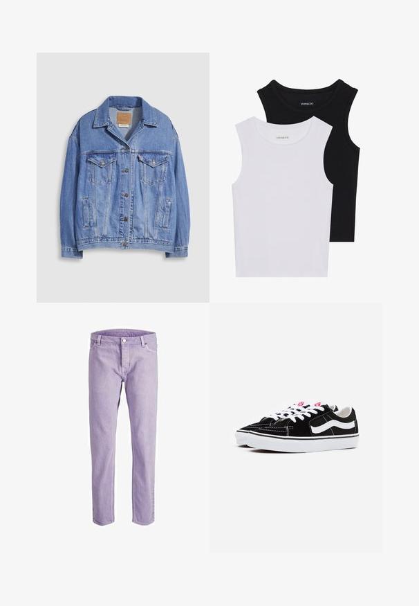 Casaco de ganga azul claro com gola de camisa, fecho de botões, dois bolsos no peito e bolsos laterais. Textura desgastada e etiqueta de marca visível.; Duas blusas sem mangas em preto e branco, feitas de algodão canelado, com decotes redondos e um design ajustado. Etiquetas visíveis em ambas.; Calças de ganga lilás, com um design de perna reta, bolsos frontais, fecho com botão e detalhes de costura visíveis.; Sapatilhas de camurça preta com atacadores brancos, apresentando uma proeminente faixa lateral branca e sola de borracha preta, destacando detalhes de costura em contraste.