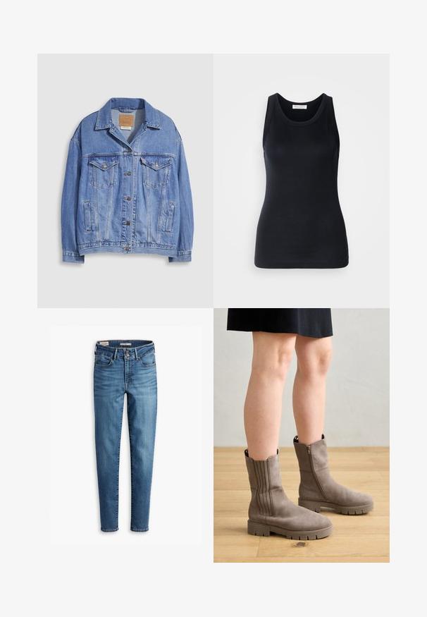 Light blue denim jacket with a shirt collar, button closure, two chest pockets, and side pockets. Distressed texture and branded label visible.; Black tank top made from soft, stretchy fabric. Features a round neckline and wide shoulder straps, with a fitted silhouette and smooth texture.; High-waisted, skinny jeans in light blue denim. Features five pockets, front button closure, and classic stitching detail throughout.; Taupe ankle boots with a smooth suede finish, featuring vertical stitching details, a side zipper, and a chunky rubber outsole.