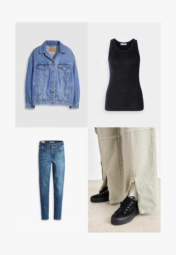 Light blue denim jacket with a shirt collar, button closure, two chest pockets, and side pockets. Distressed texture and branded label visible.; Black tank top made from soft, stretchy fabric. Features a round neckline and wide shoulder straps, with a fitted silhouette and smooth texture.; High-waisted, skinny jeans in light blue denim. Features five pockets, front button closure, and classic stitching detail throughout.; Khaki wide-legged pants with side zippers, paired with black suede sneakers featuring gold eyelets and a textured sole.