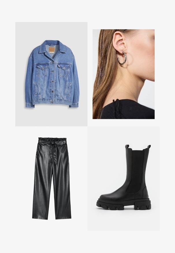 Svijetloplava traper jakna s ovratnikom košulje, kopčanjem na gumbe, dva džepa na prsima i bočnim džepovima. Oštećena tekstura i vidljiva robna marka na etiketi.; Crna majica bez rukava od mekog, rastezljivog materijala. Ima okrugli izrez i široke naramenice, s prilagođenim krojem i glatkom teksturom.; Crne hlače širokih nogavica od umjetne kože s elastičnim, nabranim pojasom i odvojivim remenom. Glatka tekstura i minimalni sjaj.; Pavement INA - Čizme s platformom - black; Srebrna kružna naušnica s poliranim završetkom, koja ima male zlatne detalje i okrugli oblik, nošena na uhu.
