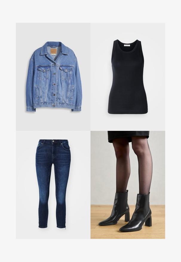 Svijetloplava traper jakna s ovratnikom košulje, kopčanjem na gumbe, dva džepa na prsima i bočnim džepovima. Oštećena tekstura i vidljiva robna marka na etiketi.; Crna majica bez rukava od mekog, rastezljivog materijala. Ima okrugli izrez i široke naramenice, s prilagođenim krojem i glatkom teksturom.; Tamno plave uske traperice s glatkom površinom, laganim izbljeđenjem na bedrima i patentnim zatvaračima na rubu. Izrađene od trapera.; Crne kožne gležnjače s šiljastim vrhom, robusnim četvrtastim potplatom i elegantnim dizajnom. Imaju elastične bočne panele za jednostavno oblačenje.