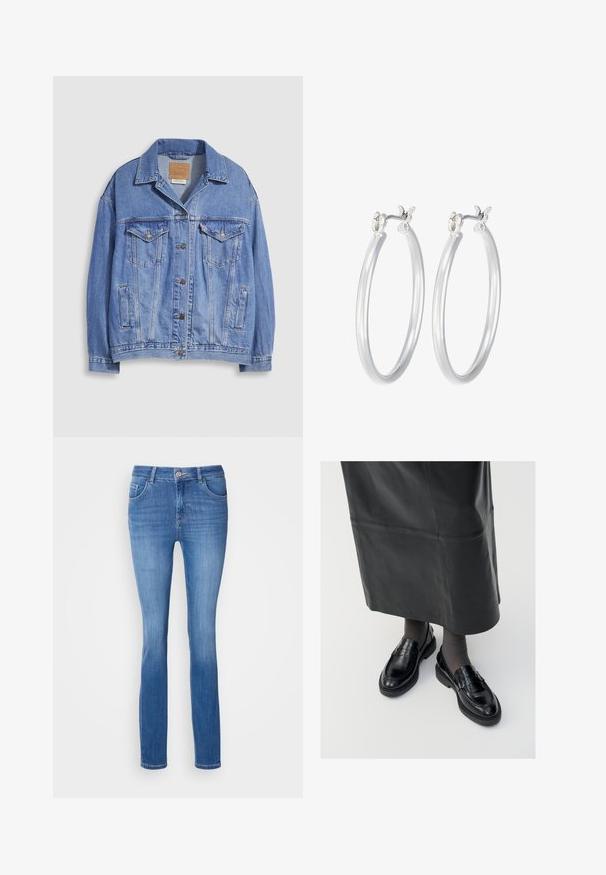 Svetlo modra jeans jakna z ovratnikom s srajco, zapenjanjem na gumbe, dvema prsnem žepoma ter stranskima žepoma. Vidna je obrabljena tekstura in blagovna znamka na etiketi.; Majica z dolgimi rokavi in okroglim izrezom, ki se ponaša s črno-belim črtastim vzorcem. Narejena iz mehkega materiala z običajnim krojem. Čist, minimalističen dizajn.; Modri denim kavbojki s slim fit krojem, petimi žepi in subtilnim zbledelim vzorcem. Narejene iz mehke in elastične tkanine, z običajnim gumbom za zapiranje.; Črne usnjene loafer čevlje s gladko površino, ki imajo dekorativno srajco, okroglo konico in teksturiran podplat. Nosi se z dolgim črnim usnjennim krilom.; Srebrni obroči za ušesa z gladko, polirano površino. Okrogla oblika in varna zaponka s klikom. Lahka zasnova, primerna za vsakodnevno nošenje.