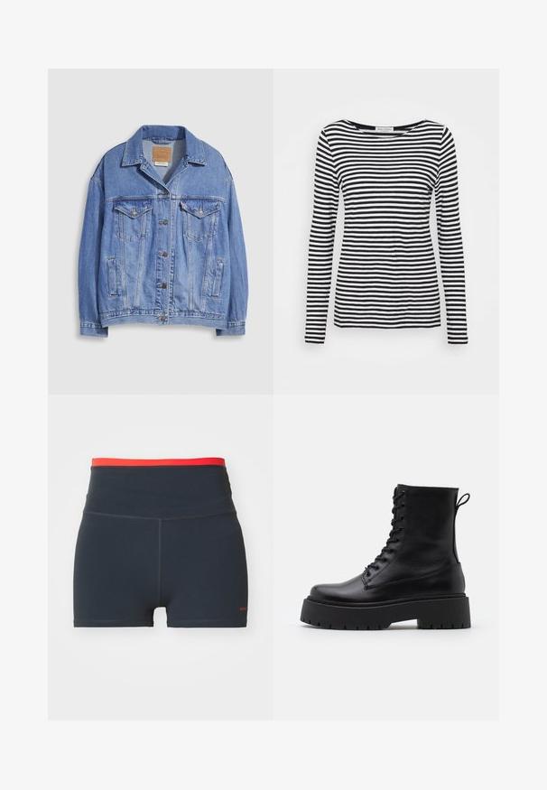 Casaco de ganga azul claro com gola de camisa, fecho de botões, dois bolsos no peito e bolsos laterais. Textura desgastada e etiqueta de marca visível.; Camisa de manga longa com decote redondo, apresentando um padrão de riscas em preto e branco. Feita de um tecido suave com um corte regular. Design limpo e minimalista.; Calções de desporto azul-marinho com uma cintura alta, apresentando uma faixa superior vermelha em contraste e detalhes de costura visíveis.; Botas de couro pretas até ao tornozelo, com bico redondo, atacador na frente e uma sola de borracha espessa com um padrão texturizado. Alça na parte de trás.