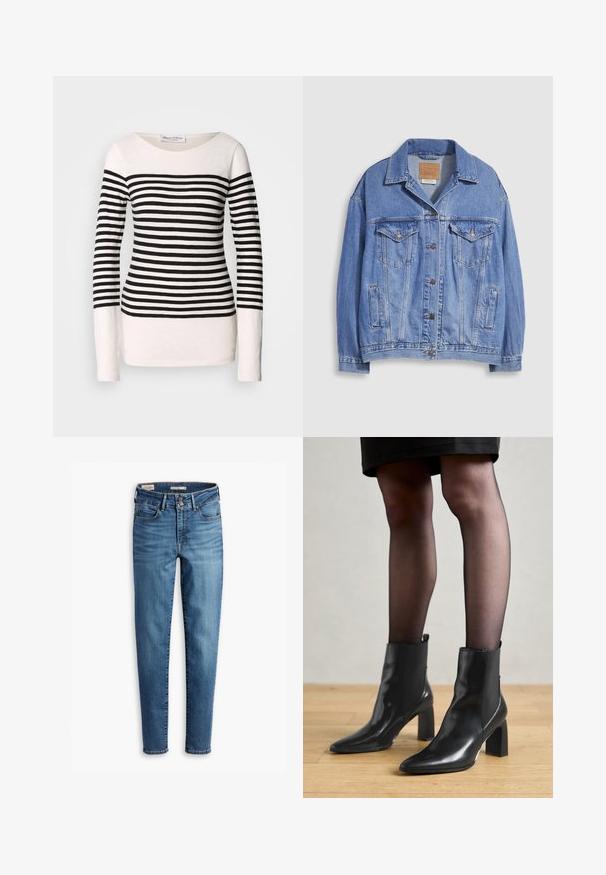 Casaco de ganga azul claro com gola de camisa, fecho de botões, dois bolsos no peito e bolsos laterais. Textura desgastada e etiqueta de marca visível.; Camisola de manga longa com riscas, apresentando riscas horizontais em preto e branco, design de decote barco e silhueta ajustada. Material em mistura de algodão.; Jeans skinny de cintura alta em denim azul claro. Possui cinco bolsos, fecho frontal com botão e detalhe de costura clássica por todo o lado.; Botas de tornozelo em couro preto com bico fino, salto quadrado robusto e design elegante. Apresenta painéis laterais elásticos para facilitar o calçar.