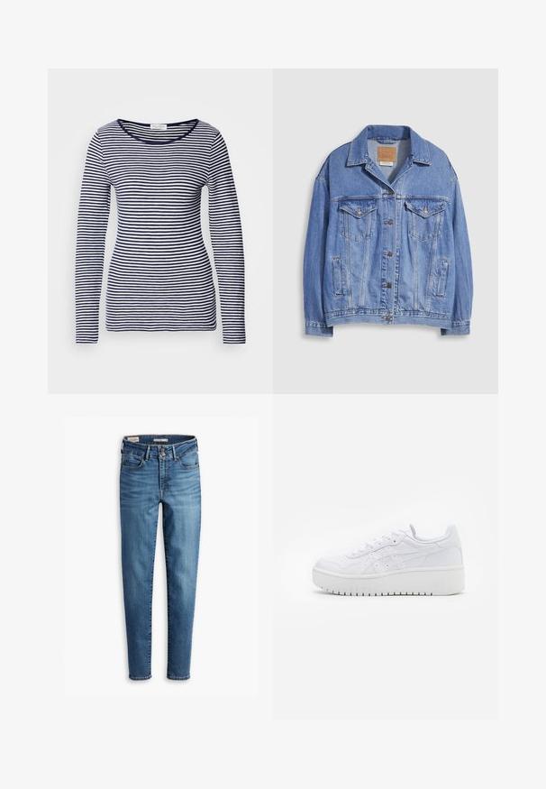 Ljusblå jeansjacka med skjortkrage, knappstängning, två bröstfickor och sidofickor. Sliten textur och synlig märkesetikett.; Marineblå och vit randig långärmad topp, rund halsringning, mjukt tyg, figursydd design, jämna horisontella ränder och inga synliga detaljer eller accenter.; Högmidjade, slim jeans i ljusblå denim. Innehåller fem fickor, knappstängning fram och klassiska sömnadsdetaljer hela vägen.; Vita plattformssneakers i slät läderstruktur, med perforerad detaljering och platta snörningar; har en tjock vit gummisula.