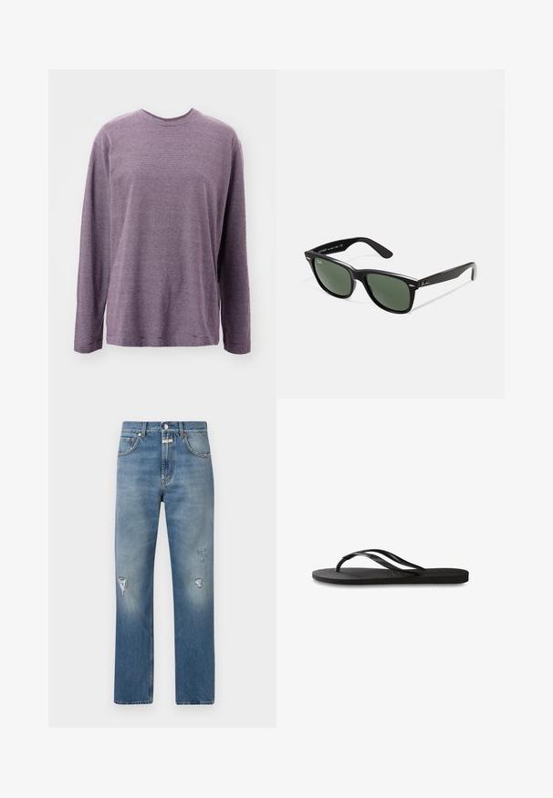 Lyseblå denimjakke med skjortekrave, knaplukning, to brystlommer og sidelommer. Slidt tekstur og synligt mærke.; Langærmet skjorte med lilla striber og rund halsudskæring. Har vandrette striber og en afslappet pasform med sideslidser i kanten.; Lysblå denimjeans med en løs pasform, der har slidte lapper og lynlås. Klassisk fem-lomme design og lige ben.; Sorte flip-flop med en tekstureret gummisål, to slanke stropper og et subtilt, præget logodetalje på stroppen.; Sorte plastiksolkaber med grønne linser, firkantede stel, sølvaccent på brynene og teksturerede templede arme. Angivet mærke på den indre arm.