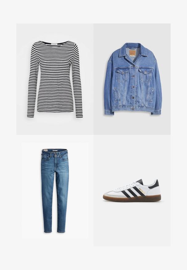 Lichtblauwe spijkerjack met overhemdkraag, knoopsluiting, twee borstzakken en zijzakken. Versleten textuur en zichtbaar merklabel.; Langemouwen, ronde hals T-shirt met een zwart-wit gestreept patroon. Gemaakt van zachte stof met een reguliere pasvorm. Schoon, minimalistisch ontwerp.; Hoge taille, skinny jeans van lichtblauwe denim. Beschikt over vijf zakken, een sluiting met een knop aan de voorkant en klassieke stikdetails overal heen.; Witte leren sneaker met zwarte suède accenten, drie zwarte strepen, beige rubberen zool en gouden "SPEZIAL" branding aan de zijkant.