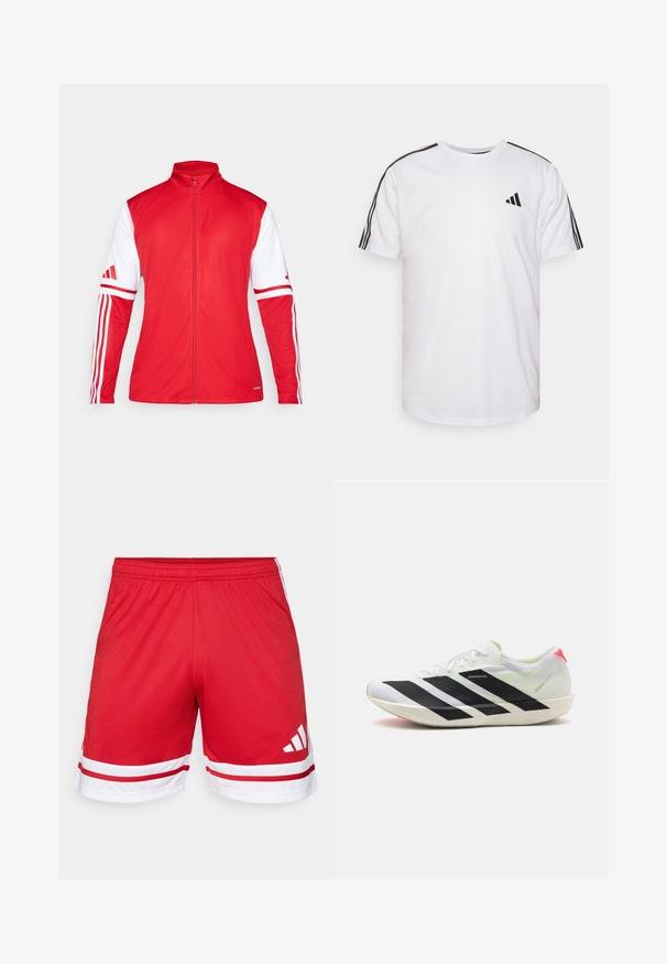 Červená športová bunda s vysokým golierom, plným zipsom a bielymi rukávmi. Má tri zvislé pruhy na každom rukáve a textúrovaný povrch.; Biela bavlnená tričko s okrúhlym výstrihom, krátkymi rukávmi a čiernymi trojpruhmi na pleciach; má malé čierne logo.; Červené športové šortky z hladkého materiálu, s bielym akcentom na leme a tromi bielymi pruhmi po stranách.; Biele športové topánky s čiernymi diagonálnymi pruhmi, ľahký sieťovinový materiál, zelené akcenty a červený pätový diel; majú štíhly, predĺžený dizajn.