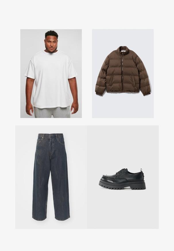 Giacca a vento marrone trapuntata con colletto alto, zip anteriore, polsini elasticizzati e due tasche frontali inclinate su uno sfondo uniforme.; Felpa nera con colletto alto a costine, maniche lunghe e vestibilità rilassata. Texture morbida con polsini e orlo a costine.; T-shirt bianca oversize in cotone con maniche corte e scollatura rotonda, caratterizzata da una texture morbida e una vestibilità rilassata, indossata con pantaloni corti grigi.; Jeans in denim blu scuro a gamba ampia con una sottile texture strappata, cinque tasche e una chiusura classica con bottone e zip in vita.; Scarpa nera in pelle chunky con lacci, suola spessa e robusta e occhielli in metallo nell'area delle dita, fotografata su uno sfondo chiaro e uniforme.