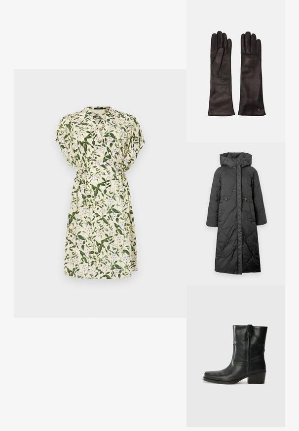 Zwarte gewatteerde lange jas met een capuchon, voorzien van drukknoopsluitingen, een trekkoord in de taille en een gladde textuur. Gepatroniseerd oppervlak met een subtiele glans.; Bloemjurk met groene bladeren en paarse bloemen op een lichtromige achtergrond. Korte mouwen, een getailleerde taille en een lengte tot boven de knie.; Zwarte leren enkellaars met een ronde neus, blokhak, zijrits en stikselaccenten op de wreef. Gladde textuur, klassiek ontwerp.; Weekend Max Mara SENAPE - Handschoenen - nero