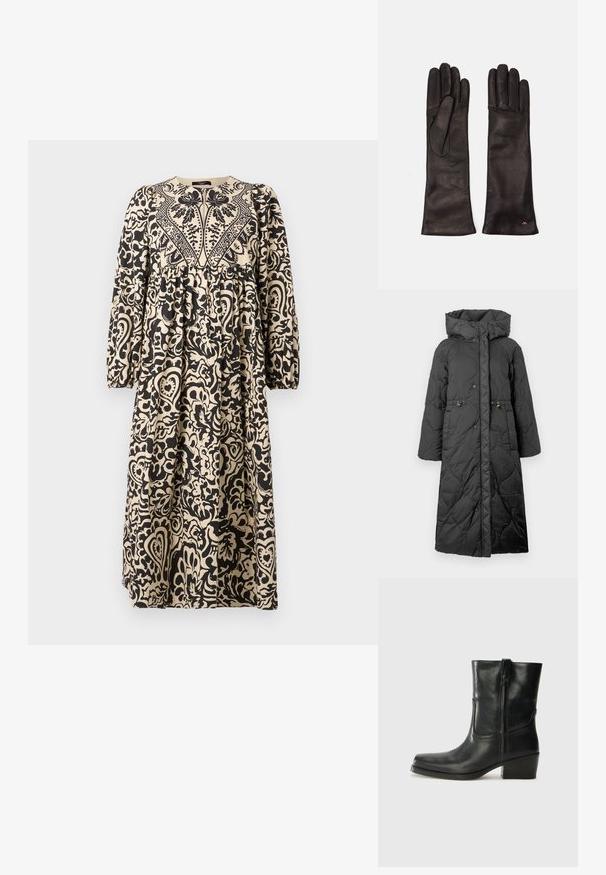 Black quilted long coat with a hood, featuring snap closures, drawstring waist, and a smooth texture. Patterned surface with subtle sheen.; Long-sleeve, floor-length dress featuring a black floral pattern on a cream background; round neckline and gathered waist design.; Black leather ankle boot with a rounded toe, block heel, side zipper, and stitching accents on the vamp. Smooth texture, classic design.; Weekend Max Mara SENAPE - Gloves - nero