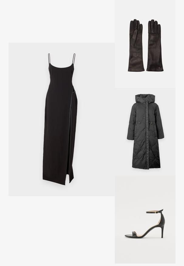 Must küllatud pikk jope kapuutsiga, millel on nööpide sulgemised, nööri vöökoht ja sile tekstuur. Muster pinnal on peene sädelusega.; Must have mustal pikk kleit õhukeste rihmadega, ringikujulise kaeluse ja külgsilma lõikega. Valmistatud siledast kangast, millel on minimalistlik disain ja nähtamatud mustrid.; Must musta kõrgete kontsadega sandaal, millel on pahkluule kinnituv rihm. Omab sileda tekstuuri, avatud varbaosa ning õhukest kontsa. Kuldtooniline pandla detail.; Weekend Max Mara SENAPE - Sõrmkindad - nero