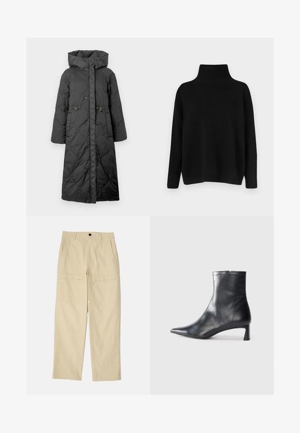 Juodas pleduotas ilgas paltas su kapišonu, su snap užsegimais, raišteliu juosmens srityje ir sklandžiu paviršiumi. Raštuotas paviršius su subtiliu blizgesiu.; Juodas megztinis megztas, su aukštu ribuotu apykakliu, nuleistais pečiais ir laisvo silueto. Turi ribotas rankogalius ir apačią, suteikiančias tekstūros.; Smėlio spalvos plačios kelnės, pagamintos iš medvilnės. Yra dvi priekinės kišenės, dvi galinės kišenės ir vienas užsegimas mygtuku liemens srityje.; Juodas odinis kulkšninis batas su smailiu pirštu ir elegantišku dizainu. Turi žemą kulną ir užtrauktuką gale. Lygi tekstūra.