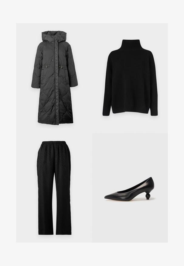 Abrigo largo acolchado negro con capucha, que presenta cierres a presión, cintura con cordón y una textura suave. Superficie con patrón y un brillo sutil.; Jersey negro de punto con un cuello alto acanalado, hombros caídos y un ajuste relajado. Cuenta con puños y dobladillo acanalados para dar textura.; Pantalones negros de cintura elástica con un diseño texturizado que presenta un patrón sutil, forma de pierna recta y un tejido ligero.; Zapato de tacón alto de cuero negro con puntera afilada y un tacón redondeado y abombado. Textura suave con un diseño elegante y minimalista.