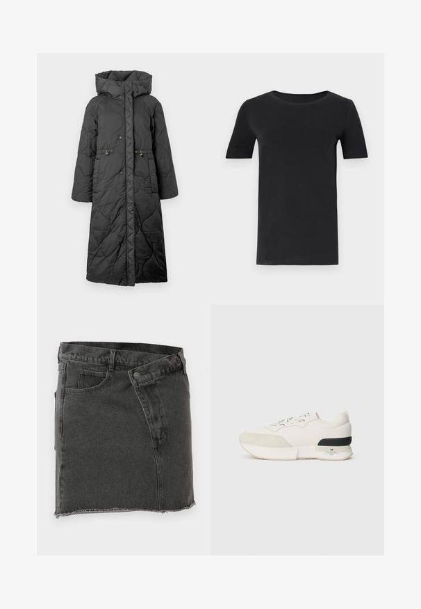 Crni kviltani dugi kaput s kapuljačom, sa kopčanjem na dugmiće, strukom na vezanje i glatkom teksturom. Uzorčana površina s suptilnim sjajem.; Crna majica kratkih rukava od mekanog pamuka, s okruglim izrezom i klasičnim krojem. Glatka tekstura, bez uzoraka ili ukrasa.; Crna traper mini suknja s prednjim džepovima, petljama za pojas, zatvaranjem na dugme i sirovim rubom.; Bijela tenisica s teksturiranim nubuk prednjim dijelom, glatkim mrežastim gornjim dijelom, dekorativnim vezicama i crnim gumiranim akcentom na peti.