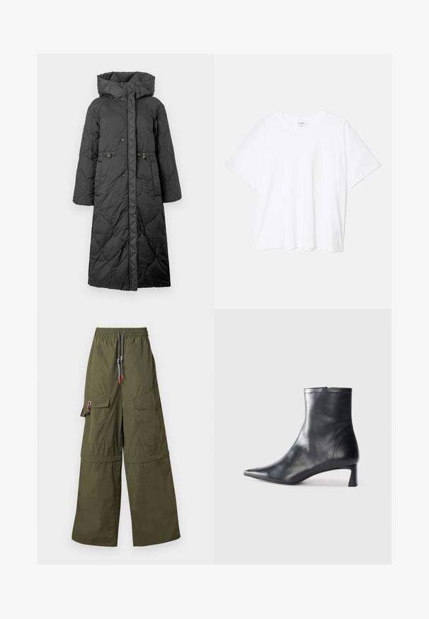 Černý prošívaný dlouhý kabát s kapucí, vybavený patenty, stažením v pase a hladkým povrchem. Vzorovaný povrch s jemným leskem.; Bílý bavlněný tričko s krátkým rukávem, kulatým výstřihem, volným střihem a šitým lemem. Nálepka viditelná na vnitřní straně výstřihu.; Zelené široké kargo kalhoty vyrobené z lehkého materiálu, s elastickým pasem, několika kapsami a výraznými detaily šňůrky.; Černé kožené kotníkové boty s špičatou špičkou a elegantním designem. Mají nízký podpatek a zipové zapínání na zadní straně. Hladká textura.