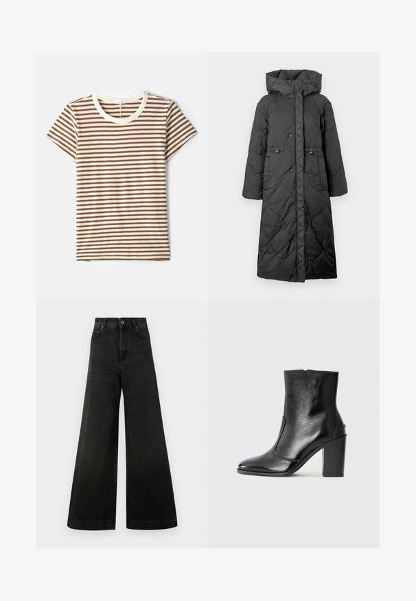Cappotto lungo nero trapuntato con cappuccio, caratterizzato da chiusure a scatto, vita regolabile e una texture liscia. Superficie con motivo e leggero effetto lucido.; T-shirt a righe con strisce orizzontali marroni e bianche, maniche corte e colletto a girocollo color crema in un tessuto morbido e testurizzato.; Jeans a vita alta e gamba larga in denim nero scuro. Caratteristiche includono chiusura con bottoni, tasche frontali e una texture liscia con sbiaditure minime.; Stivale alla caviglia in pelle nera, con una superficie liscia, punta affilata e tacco alto e massiccio. Presenta una apertura laterale e un design minimalista.