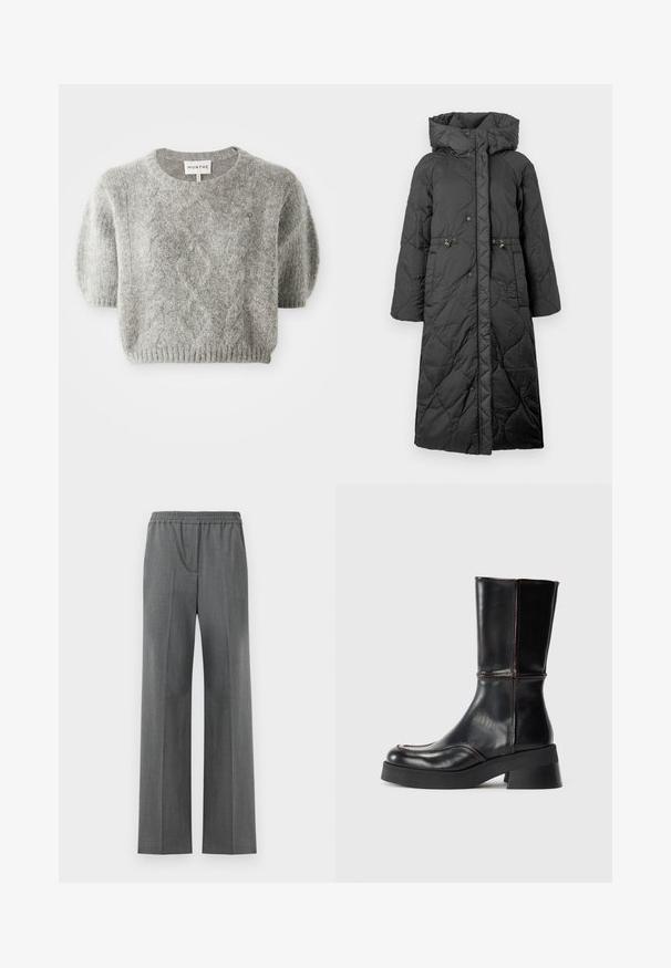 Černý prošívaný dlouhý kabát s kapucí, vybavený patenty, stažením v pase a hladkým povrchem. Vzorovaný povrch s jemným leskem.; Šedý pulovr s krátkým rukávem, zdobený kabelovým pletením a žebrovaným lemem. Vyrobeno z měkkého, texturovaného materiálu. Značková nálepka viditelná na krku.; Šedé kalhoty se širokými nohavicemi a elastickým pasem, vyrobené z texturované tkaniny s jemným vzorováním.; Černé kožené kotníkové boty s blokovým podpatkem, s kontrastním prošíváním a zakřiveným tvarem špičky. Hladká textura, elegante silueta.