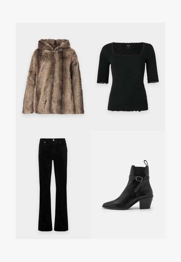 Mantel aus Kunstpelz in Brauntönen mit Kapuze, weicher Textur und entspanntem Schnitt. Der Stoff weist unterschiedliche Haarlängen für Details auf.; Schwarzes, geripptes Kurzarm-Top mit eckigem Ausschnitt, verziert mit Spitzenbesatz am Kragen und an den Ärmeln sowie einem geschwungenen Saum.; Schwarze Schlagjeans aus einem Baumwollgemisch, mit glatter Textur, goldfarbenen Beschlägen, zwei Vordertaschen und abgesteppten Details.; Schwarze Leder-Ankle-Boots mit spitzem Schuhzeh, Blockabsatz und seitlichem Schnallen-Detail. Verfügt über eine glatte Textur und eine Zuglasche auf der Rückseite.