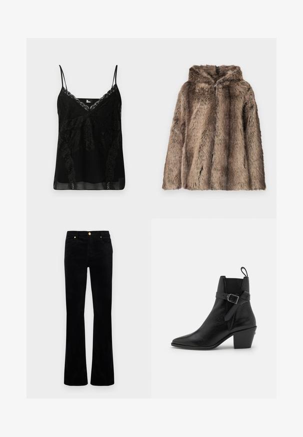 Nepbontjas in bruine tinten, met een capuchon, zachte textuur en een losse pasvorm. De stof heeft verschillende lengtes haren voor detail.; Zwarte cami met kantdetails bij de hals en zijkanten, slanke verstelbare bandjes en een gladde, licht doorzichtige stof.; Zwarte flare jeans gemaakt van een katoenmix, met een gladde textuur, gouden accenten, twee voorzakken en gestikte details.; Zwarte leren enkelboots met een spitse neus, blokhak en zijgespilde detail. Beschikt over een gladde textuur en een trekriem aan de achterkant.