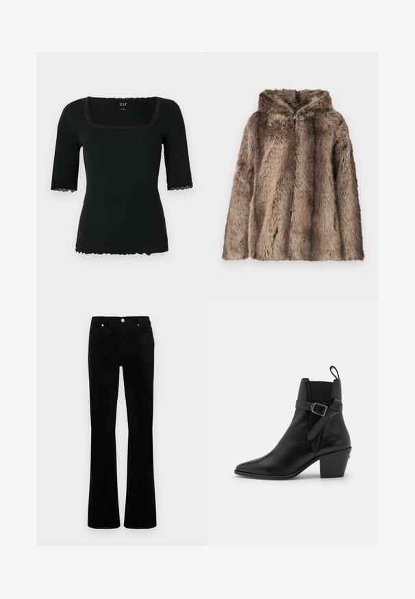 Dirbtinio kailio paltas rudos spalvos tonais, su kapišonu, minkštu tekstūra ir laisvu siluetu. Audinys pasižymi skirtingo ilgio plaukais, suteikiančiais detales.; Juodas ribotas trumpomis rankovėmis viršus su kvadratiniu iškirpte, su nėrinių apdaila apykaklėje ir rankovėse, bei banguotu apdaila apačioje.; Juodi praplatinti džinsai iš medvilnės mišinio, turintys lygų paviršių, auksinio atspalvio metalines detales, du priekinės kišenės ir siūlėmis dekoruotus akcentus.; Juodų odinių aulinukų iki kulkšnies su smailiu nosiu, kvadratiniu kulnu ir šoniniu sagties detalėmis. Pasižymi sklandžia tekstūra ir kilpos detale nugarinėje pusėje.